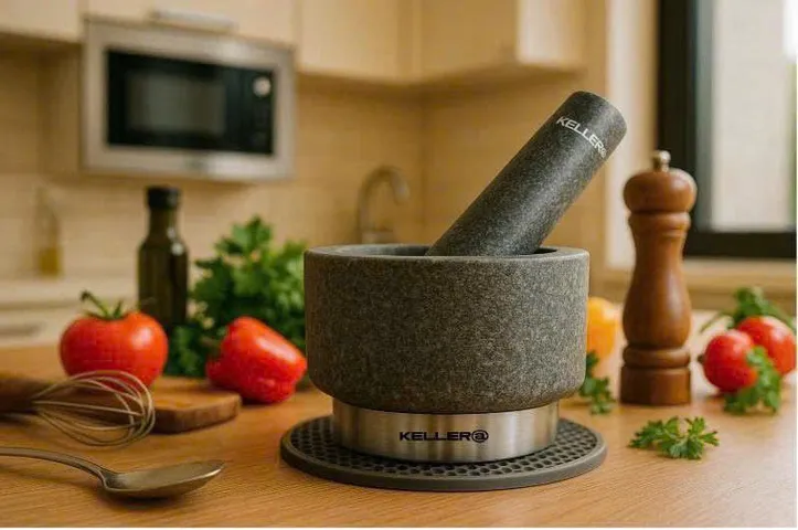 Bộ Cối Chày Đá Granite KELLER - Dụng Cụ Nhà Bếp Châu Âu An Toàn, Thiết Kế Cổ Điển, Giúp Xay Gia Vị Mịn, Tặng Miếng Lót Silicone