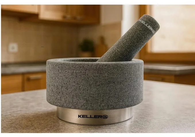 Bộ Cối Chày Đá Granite KELLER - Dụng Cụ Nhà Bếp Châu Âu An Toàn, Thiết Kế Cổ Điển, Giúp Xay Gia Vị Mịn, Tặng Miếng Lót Silicone
