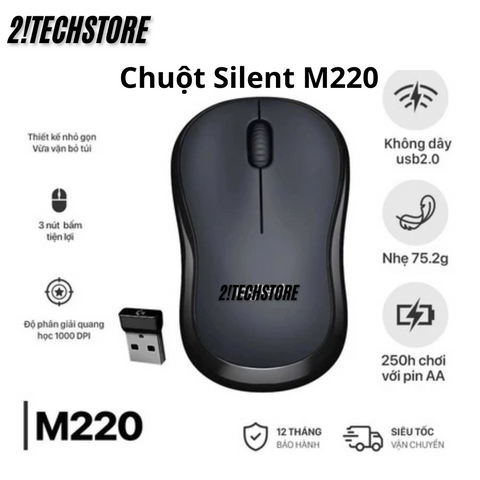 Chuột Không Dây Logitech M220 Silent - Chuột Văn Phòng Êm Ái, Kết Nối USB, Thiết Kế Nhỏ Gọn, Giảm Tiếng Ồn 90%