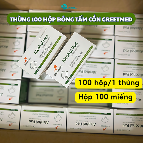 Thùng 100 Hộp Bông Tẩm Cồn Greetmed 70% - Bông Mịn Sát Khuẩn Đa Năng Cho Gia Đình - Vệ Sinh An Toàn và Tiện Lợi