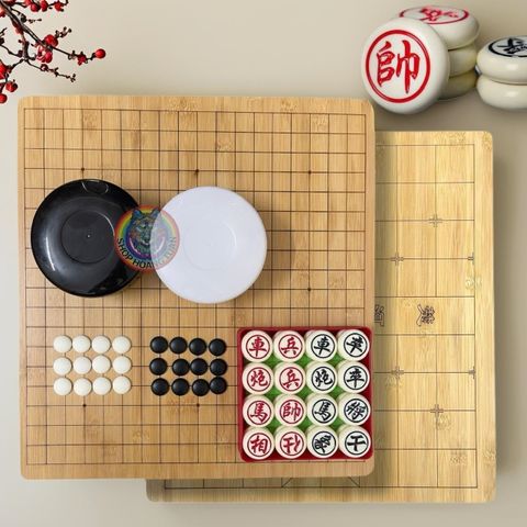 Combo Cờ Tướng và Cờ Vây 2 Mặt - Bộ Đồ Chơi Trí Tuệ Cao Cấp Kèm Bàn Cờ Trúc 47x44cm Dành Cho Trẻ Em 3+