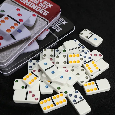 Bộ Cờ Domino Melamine Cao Cấp - Nền Trắng Điểm Màu Độc Đáo Kèm Hộp Đựng Kim Loại - Đồ Chơi Giải Trí Thú Vị