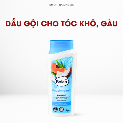 Dầu Gội Balea Đức - Dưỡng Ẩm Cho Tóc Khô & Da Đầu Gàu, Chiết Xuất Dừa & Đu Đủ, Vitamin B3/B5, Vegan, Tóc Mềm Mượt, Sáng Bóng
