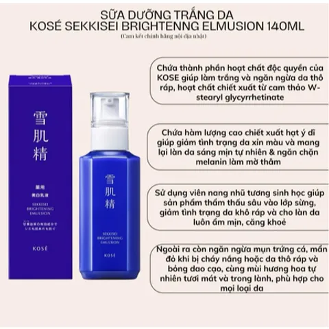Sữa Dưỡng Trắng Da Kose Sekkisei Medicated Whitening Emulsion 140ml - Giúp Da Sáng Mịn, Dưỡng Ẩm Tối Ưu, Phù Hợp Với Da Nhạy Cảm