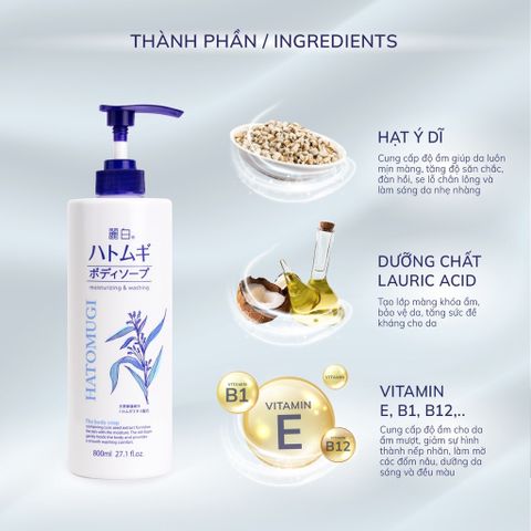 Sữa Tắm Trắng Da Hatomugi 800ml - Giúp Làn Da Sáng Mịn, Chăm Sóc Từ Hạt Ý Dĩ, Sản Phẩm Nội Địa Nhật Bản