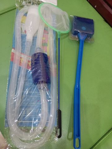 Bộ Dụng Cụ Vệ Sinh Hồ Cá Tiện Lợi - Cây Cọ 40cm, Vợt Lưới 12cm, Bơm Hút Cặn - Combo Tiết Kiệm Cho Người Chơi Cá Cảnh