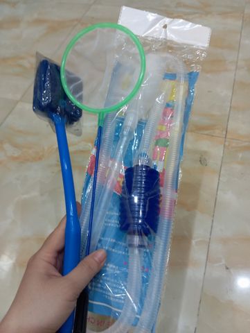 Bộ Dụng Cụ Vệ Sinh Hồ Cá Tiện Lợi - Cây Cọ 40cm, Vợt Lưới 12cm, Bơm Hút Cặn - Combo Tiết Kiệm Cho Người Chơi Cá Cảnh