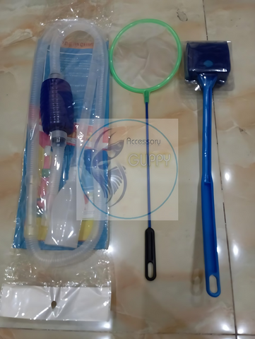 Bộ Dụng Cụ Vệ Sinh Hồ Cá Tiện Lợi - Cây Cọ 40cm, Vợt Lưới 12cm, Bơm Hút Cặn - Combo Tiết Kiệm Cho Người Chơi Cá Cảnh