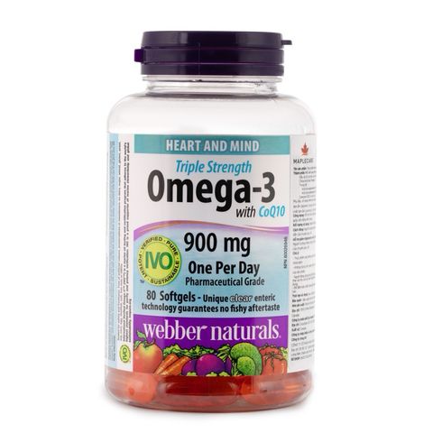 Dầu cá Omega 3 Triple Strength 900mg With CoQ10 - Hỗ trợ tim mạch Webber Natural Canada, 80 viên nang dễ nuốt