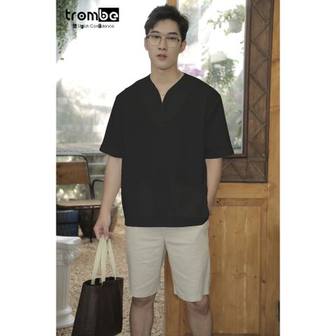 Áo Linen Thiết Kế Tencel Nam Hai Túi Trombe Cổ V Dáng Suôn Form Rộng