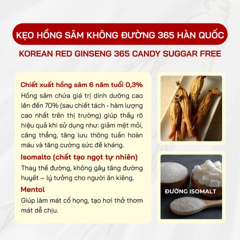 Kẹo Hồng Sâm Không Đường 365g Hàn Quốc - Tăng Đề Kháng, Giảm Say Tàu Xe, Hỗ Trợ Kiểm Soát Đường Huyết, Quà Tặng Sức Khỏe