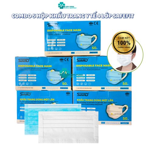 Khẩu Trang Y Tế Safefit 4 Lớp Combo 5 Hộp - Kháng Khuẩn, Quai Vải Mềm, Chống Bụi, Đạt Chuẩn FDA và CE, Dễ Thở, An Toàn cho Người Lớn