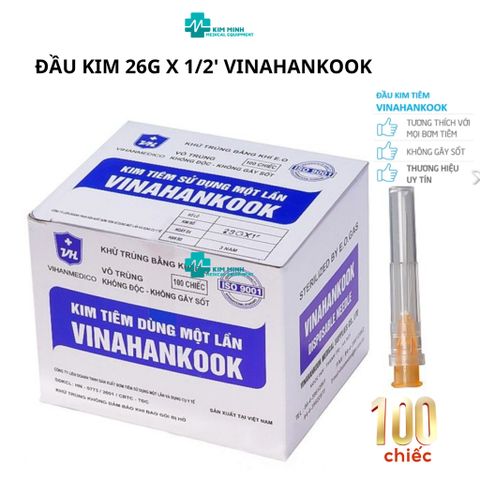 Hộp 100 Đầu Kim Tiêm Vinahankook 26G - Kim Tiêm Vô Trùng, Sử Dụng 1 Lần, Chất Liệu Thép Không Gỉ, An Toàn cho Y Tế