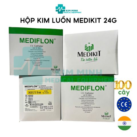 Kim Luồn Tĩnh Mạch Medikit 24G Vàng Nhập Khẩu Ấn Độ (H/100c) - Thiết Bị Y Tế An Toàn, Tiện Lợi Cho Tiêm Truyền và Lấy Mẫu Máu
