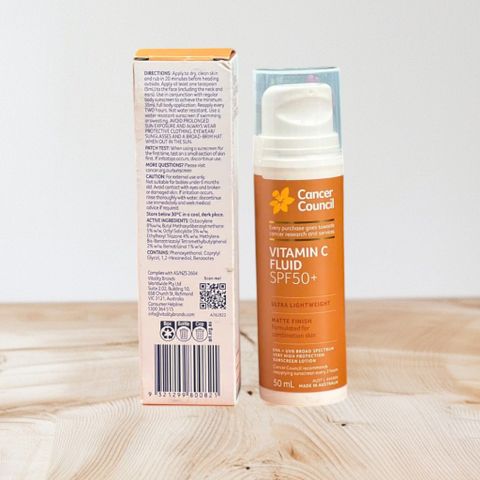 Kem chống nắng Cancer Council SPF50+ Vitamin C Fluid 50ml - Hàng Úc, Chống Nắng Siêu Nhẹ, Bảo Vệ Da Toàn Diện