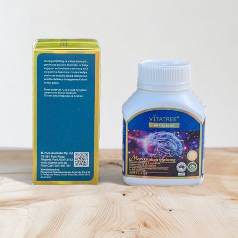 Viên Uống Tăng Tuần Hoàn Não Vitatree Maxi Ginkgo 9500mg - 60 Viên Bổ Não, Tăng Cường Trí Nhớ, Hàng Mỹ Chính Hãng