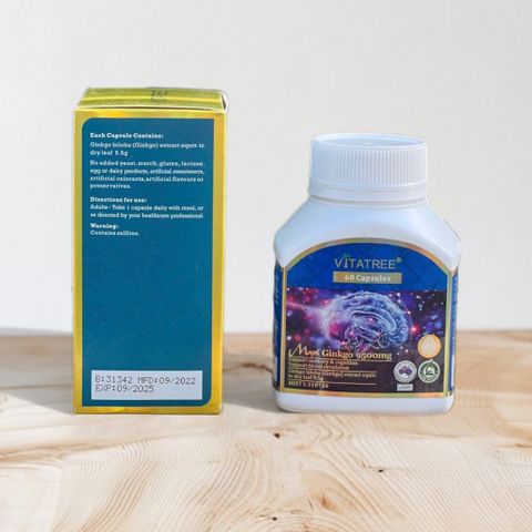 Viên Uống Tăng Tuần Hoàn Não Vitatree Maxi Ginkgo 9500mg - 60 Viên Bổ Não, Tăng Cường Trí Nhớ, Hàng Mỹ Chính Hãng