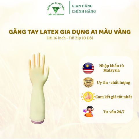 Găng Tay Cao Su Latex A1 Màu Vàng 16 Inch - Túi Zip 10 Đôi, An Toàn Cho Da, Độ Bền Cao, Đặc Biệt Cho Vệ Sinh Nhà Cửa Và Làm Bếp