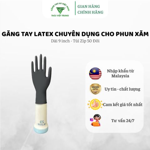 Găng Tay Cao Su Latex A1 Dài 9 Inch Đen - Túi Zip 50 Đôi Chuyên Dụng Cho Xăm Hình và Thẩm Mỹ, An Toàn và Bền Bỉ