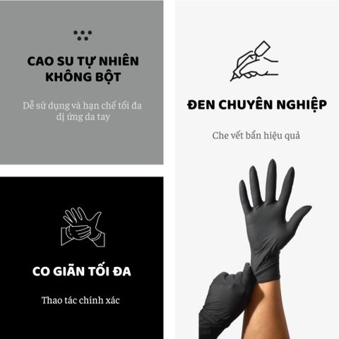 Găng Tay Cao Su Latex A1 Dài 9 Inch Đen - Túi Zip 50 Đôi Chuyên Dụng Cho Xăm Hình và Thẩm Mỹ, An Toàn và Bền Bỉ