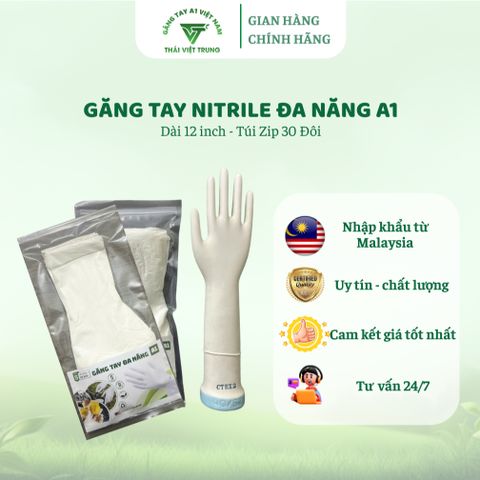 Găng Tay Cao Su Nitrile Đa Năng A1 Màu Trắng 12 Inch - Túi Zip 30 Đôi, An Toàn Cho Da, Dùng Trong Chế Biến Thực Phẩm và Vệ Sinh Hàng Ngày