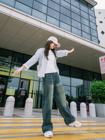 Quần Jean Ống Rộng Nữ Baggy Lưng Cao Xanh Wash Đậm - Phong Cách Cá Tính Chất Liệu Cotton Bền Màu
