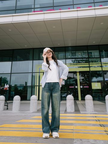 Quần Jean Ống Rộng Nữ Baggy Lưng Cao Xanh Wash Đậm - Phong Cách Cá Tính Chất Liệu Cotton Bền Màu