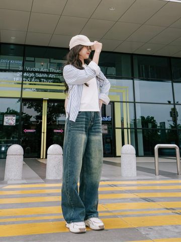 Quần Jean Ống Rộng Nữ Baggy Lưng Cao Xanh Wash Đậm - Phong Cách Cá Tính Chất Liệu Cotton Bền Màu