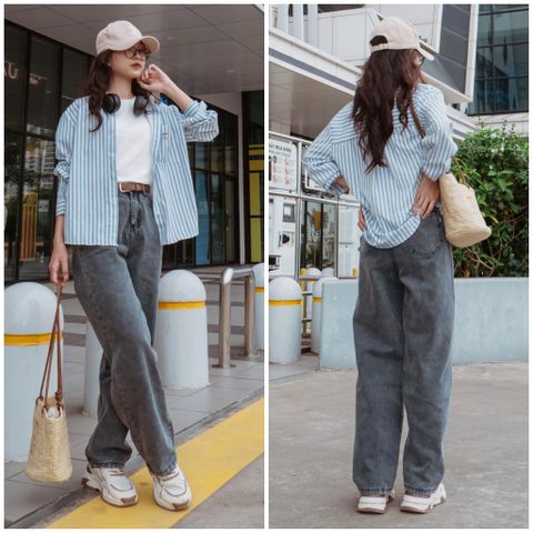 Quần Jean Ống Rộng Nữ DAVICHI DENIMX - Phom Suông Eo Cao, Chất Liệu Cotton Chống Phai, Nhiều Kích Cỡ S M L XL, Màu Đen Xám