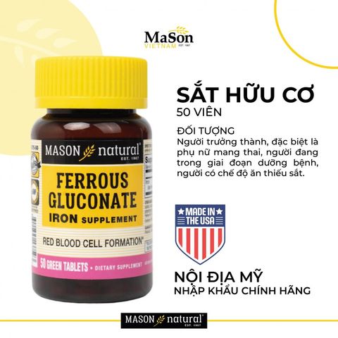 Viên Sắt Bổ Máu Mason Natural Ferrous Gluconate 100 Viên - Hỗ Trợ Thiếu Sắt, An Toàn Cho Người Trưởng Thành