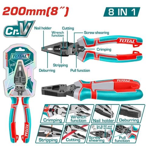 Kềm Đa Năng Total 8 Trong 1 8 Inch - Dụng Cụ Tiện Ích Chất Liệu Thép CR-V, Tay Cầm Bọc Nhựa, Mặt Phủ Teflon
