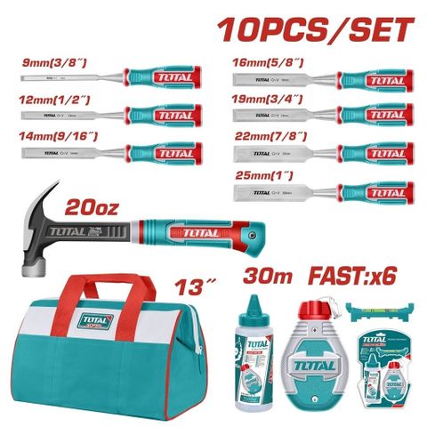 Bộ Dụng Cụ Ngành Gỗ Total TOS230906 - 10 Món: Búa Nhổ Đinh, Đục Gỗ & Túi Đựng Chất Lượng Chính Hãng Dành Cho Thợ Mộc & DIY