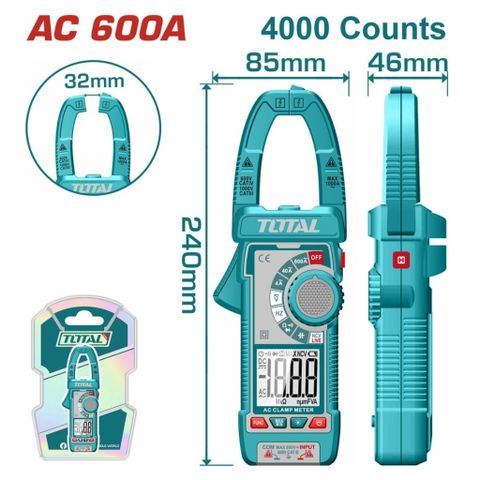 Kềm Đo Dòng AC Total TMT766001 - True RMS 4000 Counts, Đo Dòng Tối Đa 600A, Đèn Pin, Chức Năng Đo Đa Năng, Dụng Cụ Điện Công Nghiệp