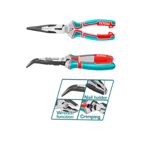 Kìm Mũi Nhọn Mỏ Cong 8 Inch TOTAL THT24816S - Dụng Cụ Tiện Ích Trợ Lực 30% Tiết Kiệm Sức, Tay Cầm TPR Ba Màu