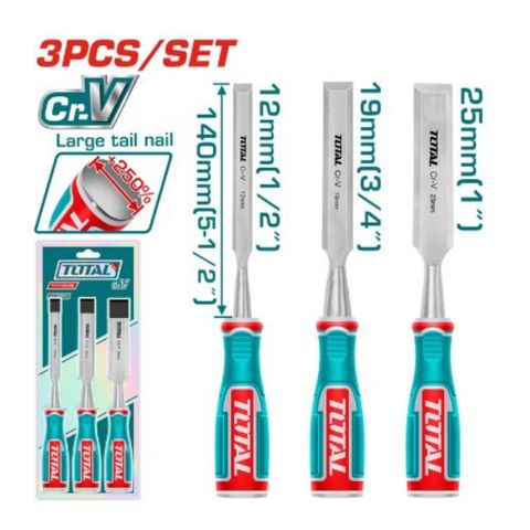 Bộ 3 Đục Gỗ Thép Cr-V TOTAL THT41K0302 - Dụng Cụ Tiện Ích Chất Lượng Cao Cho Nghề Mộc