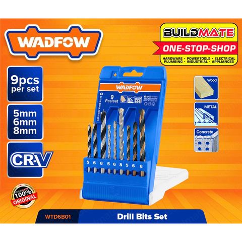 Bộ 9 mũi khoan kim loại, gỗ và bê tông WADFOW WTD6B01 - Mũi khoan HSS và tường 5mm, 6mm, 8mm - Hộp nhựa tiện lợi