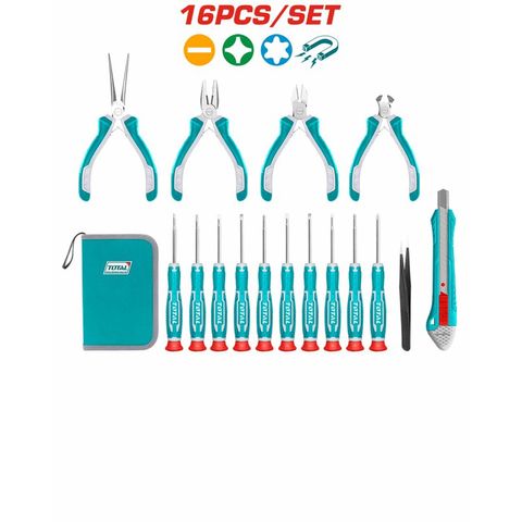Bộ 16 kìm mini và tua vít chuẩn TOTAL TKTTSK0162, dụng cụ sửa chữa tiện ích kèm túi đựng, đa năng cho mọi gia đình