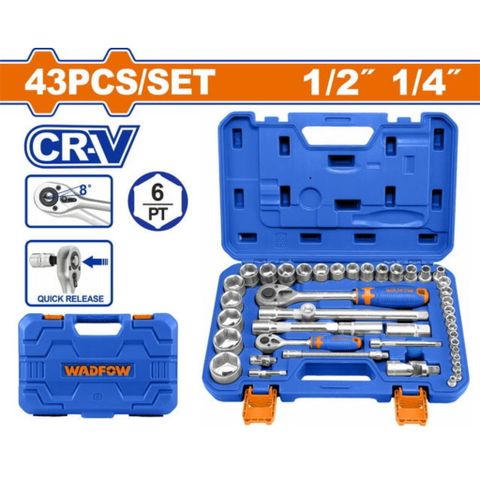 Bộ 43 Đầu Tuýp WADFOW WST3D43 1/4 & 1/2 inch - Dụng Cụ Sửa Chữa Đa Năng Chính Hãng, Thép CR-V Bền Bỉ cho Thợ Chuyên Nghiệp và Người Dùng DIY