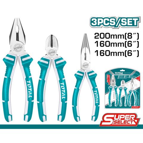 Bộ 3 Kìm Tiêu Chuẩn TOTAL THT1K0301 - Kềm Răng 8 Inch, Kềm Cắt 6 Inch, Kềm Mũi Nhọn 6 Inch, Chống Gỉ, Dễ Sử Dụng