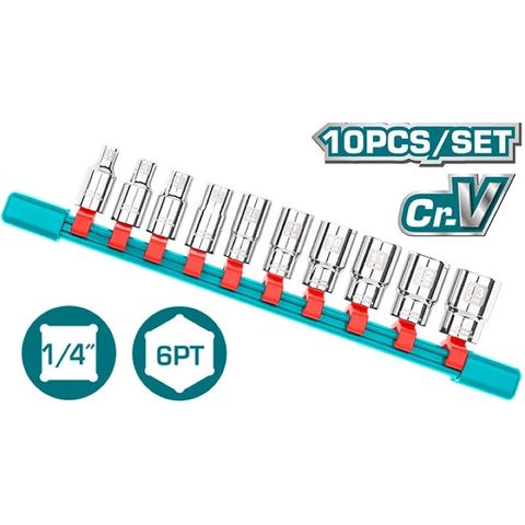 Bộ 10 đầu tuýt 1/4 inch 5-14mm TOTAL - Dụng cụ sửa chữa chất lượng cao, thép CrV, mạ crom, tiện ích cho thợ cơ khí