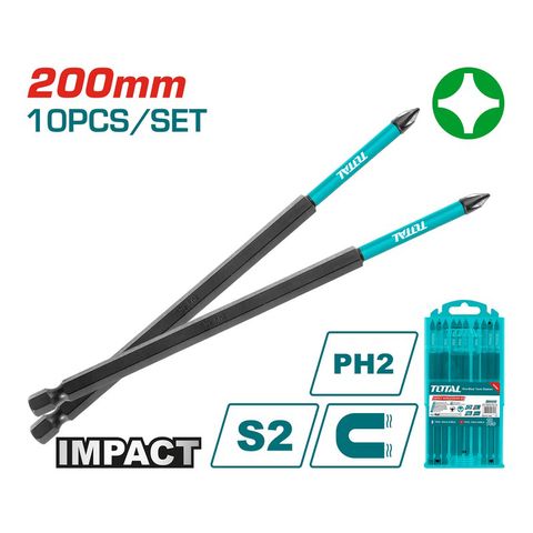 Mũi Siết Vít Bake PH2 Thép Đen S2 Dài 200mm - Bộ 10 Chiếc Cứng Cáp, Từ Tính Hữu Ích của Thương Hiệu TOTAL