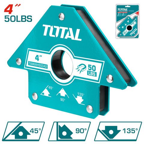 Ke góc nam châm hàn Total TAMWH50042 - Dụng cụ tiện ích 24kg, lực kéo 50 LBS, kích thước 4 inch, góc 45°, 90°, 135°