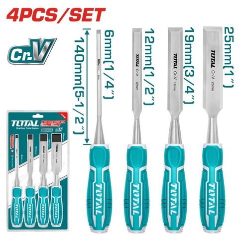 Bộ 4 Đục Gỗ Total THT41K0401 - Dụng Cụ Thép Cr-V Chất Lượng Cao, Kích Thước 6mm, 12mm, 19mm, 25mm - Dụng Cụ Tiện Ích Nghề Mộc