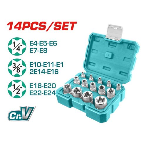 Bộ 14 Đầu Khẩu Loại E TOTAL - Dụng Cụ Sửa Chữa Chất Liệu CR-V Bền Bỉ, Gồm Đầu 1/4, 3/8, 1/2 Inch, Hộp Nhựa Tiện Dụng