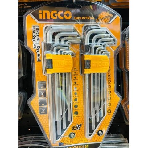 Bộ Lục Giác 18 Món Ingco HHKSET0181 - Thép CR-V Chắc Chắn, Đầu Bằng & Bi, Tiện Dụng cho Sửa Chữa Xe Cộ và DIY