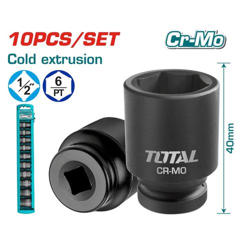 Bộ 10 Đầu Tuýp Thép CR-MO 1/2 Inch TOTAL - Kích Thước 10-24MM, Chịu Nhiệt - Dụng Cụ Tiện Ích Chất Lượng Cao