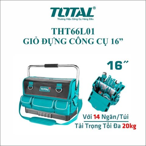 Giỏ Đựng Công Cụ 16 Inch TOTAL THT66L01 - Bền Bỉ, Chống Nước, 14 Túi Đựng, Tay Cầm Kim Loại, Đế Nhựa Chắc Chắn
