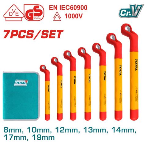 Bộ Cờ Lê Vòng Cách Điện 7 Chi Tiết 8-19mm 1000V TOTAL - Dụng Cụ An Toàn, Chứng Nhận VDE/GS, Đóng Gói Túi Vải