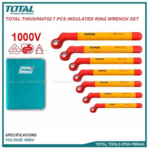 Bộ Cờ Lê Vòng Cách Điện 7 Chi Tiết 8-19mm 1000V TOTAL - Dụng Cụ An Toàn, Chứng Nhận VDE/GS, Đóng Gói Túi Vải