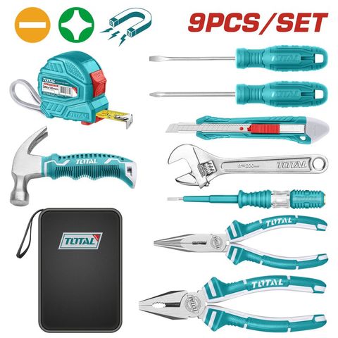 Bộ 9 Dụng Cụ Cầm Tay TOTAL THKTHP90096 - Bao Gồm Thước Cuộn, Tua Vít, Kềm, Búa Nhổ Đinh - Dụng Cụ Tiện Ích Cho Thợ Sửa Chữa